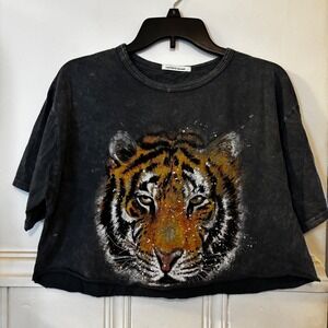Caution to the Wind Women's Half Shirt Gray Tiger Design Crop Top